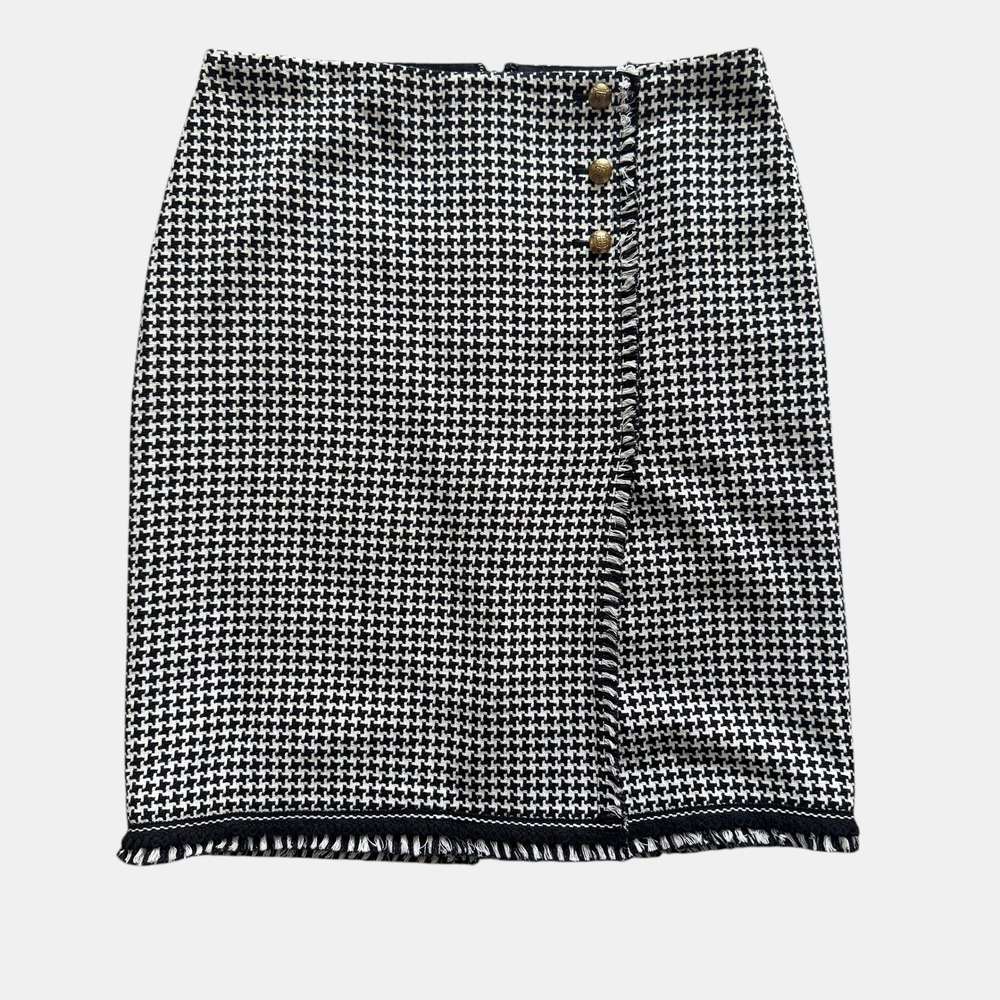 Talbots Houndstooth Fringe Pencil Skirt Black White Crest Buttons Sz 10 Preppy
